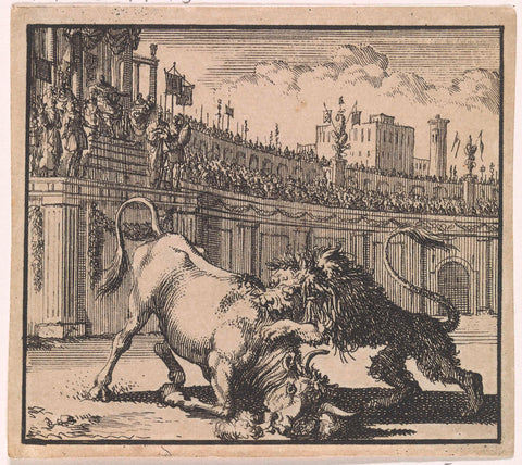 Battle between a bull and a lion in an amphitheatre in Jerusalem, Jan Luyken, 1698 Canvas Print