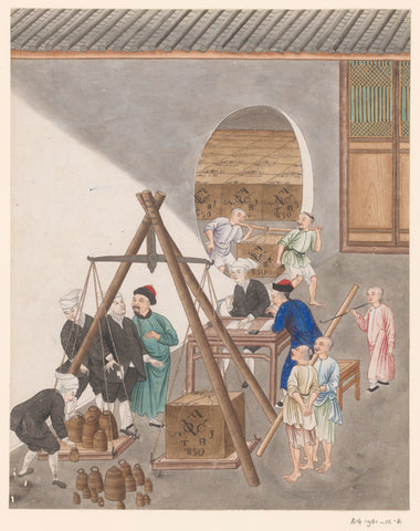 Determining the weight of the tea chests, anonymous, c. 1770 Canvas Print