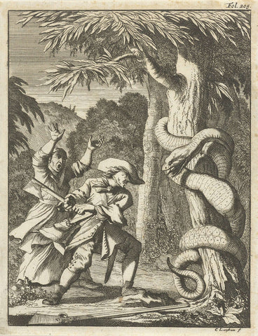 Giant snake, twisted around a tree, attacked by a man with an axe, Caspar Luyken, 1694 Canvas Print