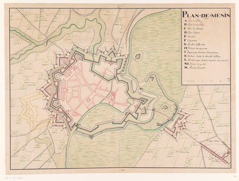 Drawn map of Menen, 1688, anonymous, 1688 Canvas Print