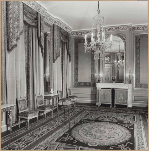 Room with carpet, mirror, chandelier, fireplace, paneling and furniture including chairs, 1962 Canvas Print