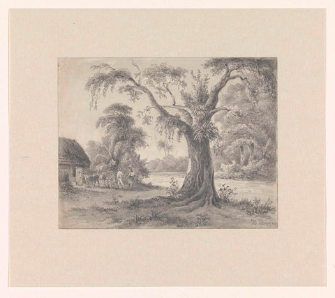 Landscape with a tree and hut with horse and carriage and two figures, Hendrik Huygens, after 1849 - before 1851 Canvas Print