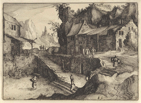 Mountain village with houses and stairs, Claes Jansz. Visscher (II), 1613 Canvas Print