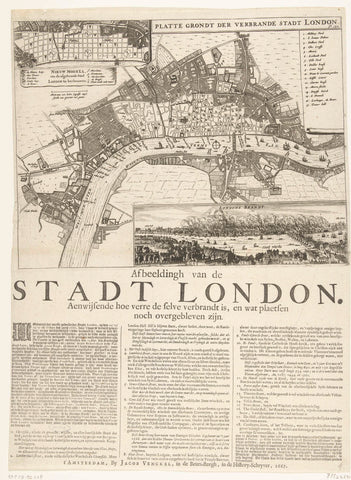 Map of London after the great fire of 1666, anonymous, 1667 Canvas Print