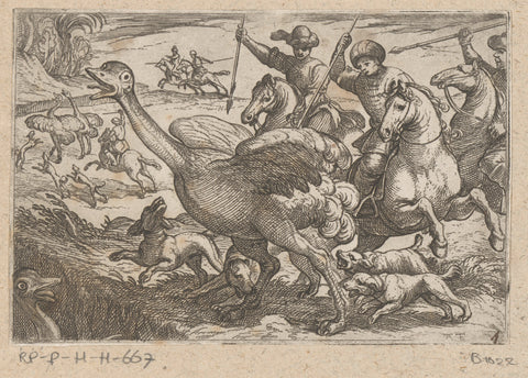 Men and dogs hunting an ostrich, Antonio Tempesta, 1595 Canvas Print