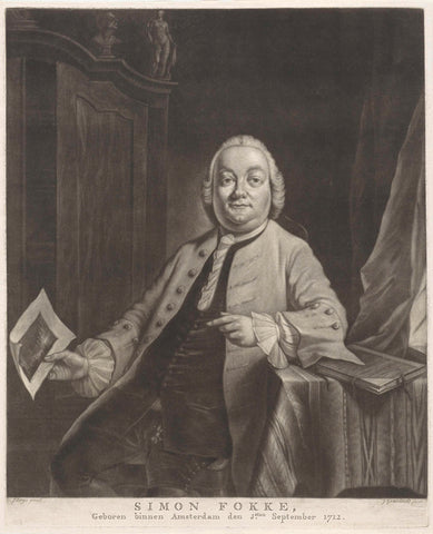 Portrait of Simon Fokke with in his hand the print of the plundering of the house of Gerrit Hagedooren, 1751, John Greenwood, 1751 - 1792 Canvas Print