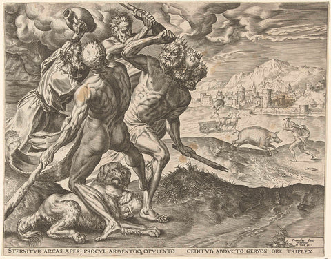 Hercules kills Geryon and his dog, Cornelis Cort, 1563 Canvas Print