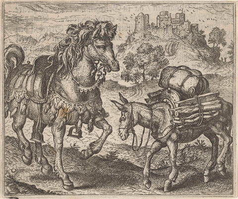 Fable of the dissatisfied donkey and the battlehorse, Aegidius Sadeler, 1608 Canvas Print