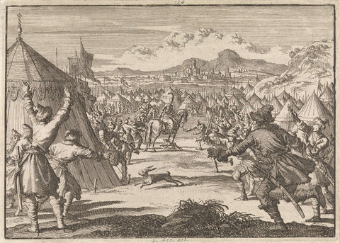 Hares in the encampment of the Russian army in Lithuania, 1658, Jan Luyken, 1698 Canvas Print