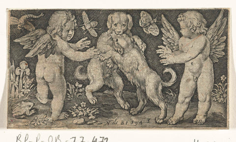 Two angels on either side of two playing dogs, Nicolaes de Bruyn, 1594 Canvas Print