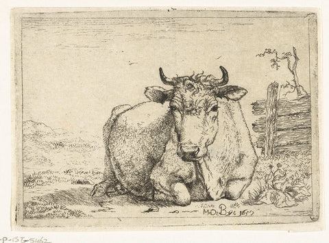 Resting cow, by fence, Marcus de Bye, 1657 Canvas Print