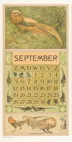 Calendar sheet September with gold pheasant, Theo van Hoytema, 1914 Canvas Print