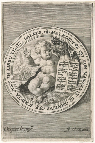 Putto with the tablets of the law, Crispijn van de Passe (I), 1594 Canvas Print