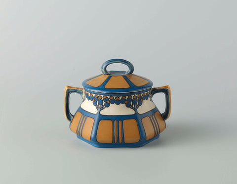 Sugar bowl with lid, belonging to a tea set of chromolith stoneware, decorated in blue and yellow-brown, Villeroy & Boch Ceramic Werke K.G., c. 1911 - c. 1912 Canvas Print