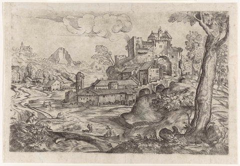 Landscape with river and castle, Angelo Falconetto (attributed to), 1527 - 1567 Canvas Print