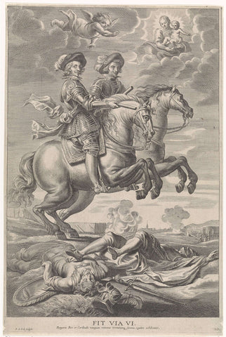 Ferdinand of Austria with Ferdinand, King of Bohemia and Hungary, on horseback at the victory at Nördlingen, Pieter de Jode (II), 1636 Canvas Print