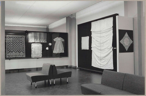 Space with various objects in display cases and four chairs for visitors, c. 1966 - c. 1967 Canvas Print