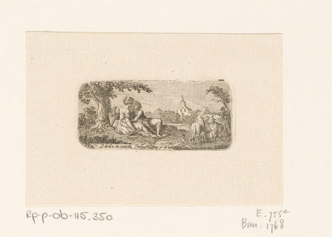 Shepherd couple shows affection under a tree with three sheep on the right, Daniel Nikolaus Chodowiecki, 1794 Canvas Print