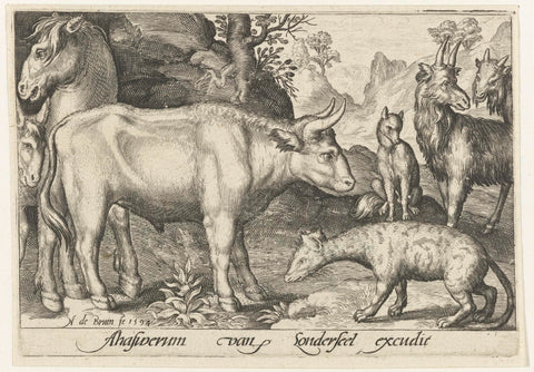 Bull and other livestock and hyena, Nicolaes de Bruyn, 1594 Canvas Print