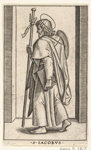 Apostel Jakobus de Meerdere (Major) met pelgrimshoed en pelgrimsstaf, Marcantonio Raimondi, 1517 - 1577 Canvas Print