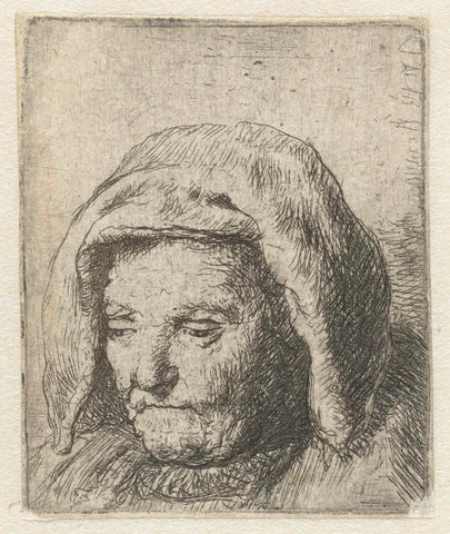 The artist's mother in a cloth headdress, looking down: head only, anonymous, Rembrandt van Rijn, after 1633 Canvas Print