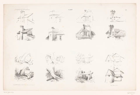 Eight representations of landscape and architectural elements in two drawing steps, Jean Baptiste Louis Hubert, 1853 - 1854 Canvas Print