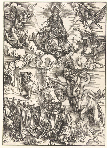 Christ with a sickle, the beast with the horns as of a lamb and the seven-headed dragon, Albrecht Dürer, 1511 Canvas Print