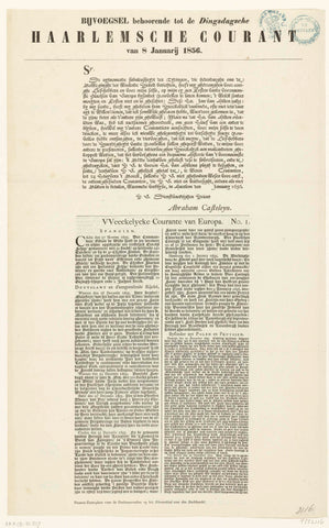 Reprint of the first Haarlemsche Courant of 8 January 1656, Johan Enschedé & Zn., 1856 Canvas Print