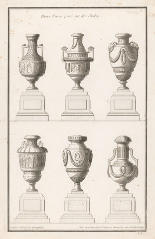 Vases on pedestals, Jean François de Neufforge, 1763 Canvas Print