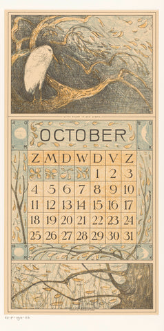 Calendar sheet October with heron in the rain, Theo van Hoytema, 1913 Canvas Print