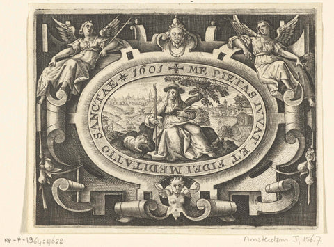 Cartouche in which humility with shepherd's staff and lamb, anonymous, 1601 Canvas Print