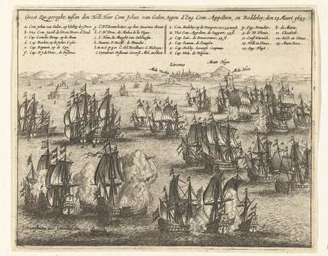 Battle of Livorno between the State fleet under Van Galen and the English fleet under Appleton and Badiley, 1653, anonymous, 1654 - 1656 Canvas Print