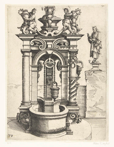 Well with a basin in the form of a three-pass and three pulleys, Wendel Dietterlin (I), 1560 - 1598 Canvas Print