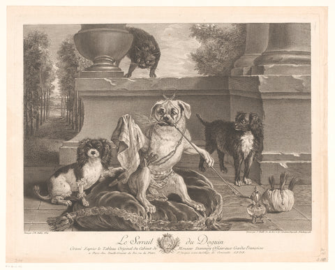 Drie honden waarvan een verkleed op een patio, Jean Daullé, 1758 Canvas Print