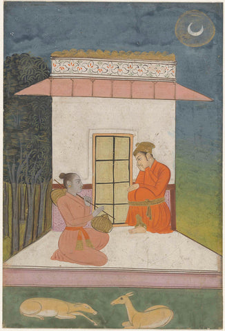 Kedara raga, man and woman sitting in front of a building, anonymous, 1775 - 1800 Canvas Print