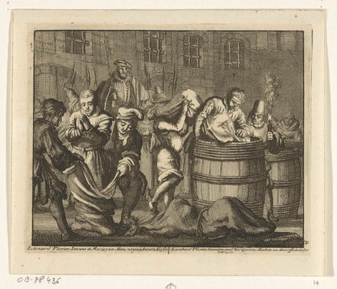 Leonard Plovier and two girls in Antwerp drowned in barrels, 1560, Jan Luyken, 1683 - 1685 Canvas Print