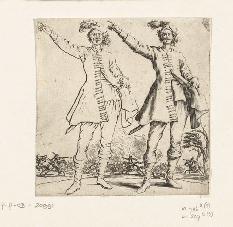 Twice the same soldier with small plumed hat and raised arm, seen from the front, Jacques Callot, 1621 - 1624 Canvas Print