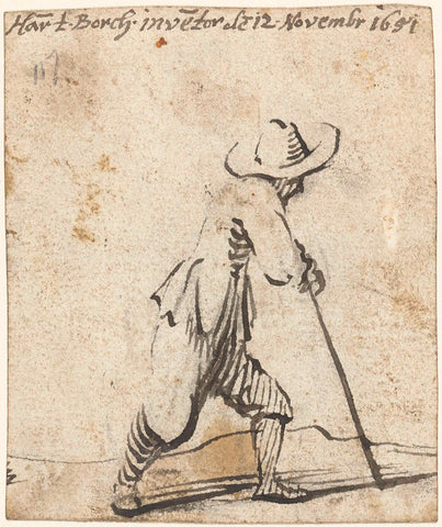 Walking man, leaning on a stick, to the right, Harmen ter Borch, 1651 Canvas Print