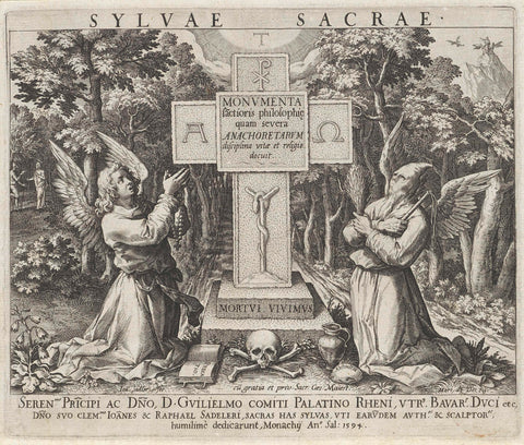 Two angels worship a tombstone, Johann Sadeler (I), 1594 Canvas Print