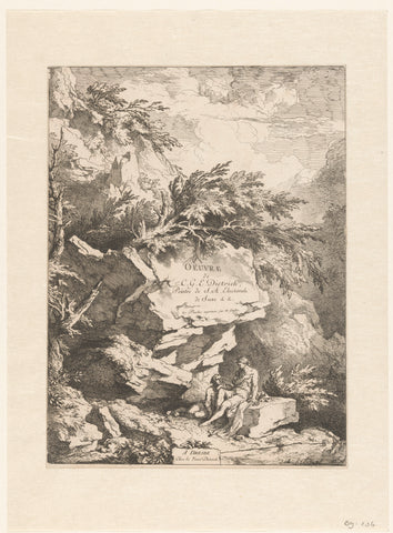 Rocky landscape with two figures resting on a stone, Christian Wilhelm Ernst Dietrich, 1774 Canvas Print