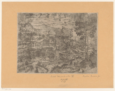 Landscape with water mill and flight to Egypt, Monogrammist AP (etcher), 1625 - 1636 Canvas Print