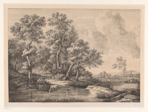 Landscape with a shepherd at a tree and two cows in a pool, Jean Jacques de Boissieu, 1806 Canvas Print