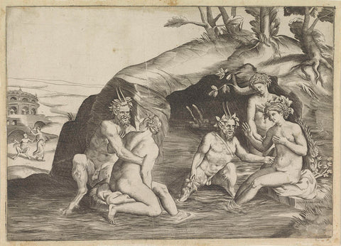 Bathing three nymphs and two saters, Giulio Bonasone, 1501 - 1580 Canvas Print