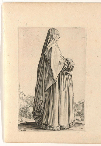 Lady with mourning veil and mave, to the right, Jacques Callot, 1624 Canvas Print