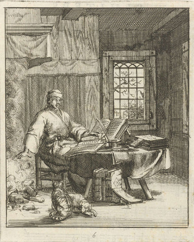 Writer Willem Sluiter sits at the table with foliants and warms his hands to the fire, Jan Luyken, 1687 Canvas Print