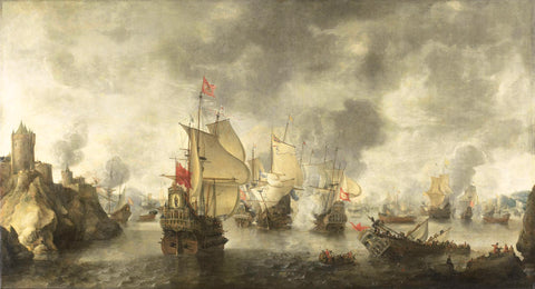 Battle of the Combined Venetian and Dutch Fleets against the Turks in the Bay of Foya, 1649, Abraham Beerstraten, 1656 Canvas Print