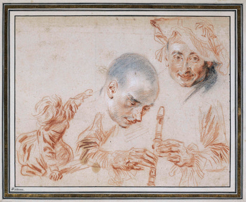 Crouching Child, Two Male Heads, One Wearing a Beret, Arms and Hands of A Recorder-Player, Jean Antoine Watteau, 1705 - 1716 Canvas Print