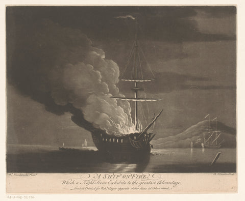 Burning ship on a calm sea, Richard Houston, 1745 - 1794 Canvas Print