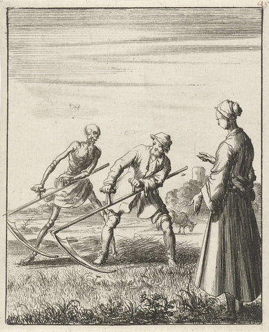 Woman beholds a mower behind whom Death with a scythe stands, Jan Luyken, 1687 Canvas Print