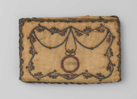 Letter bag in rectangular shape of light brown silk trimmed with a gold-lace board and decorated with metal lovers and gold thread, on which embroidered 'ANNO' and '1781', anonymous, 1781 Canvas Print